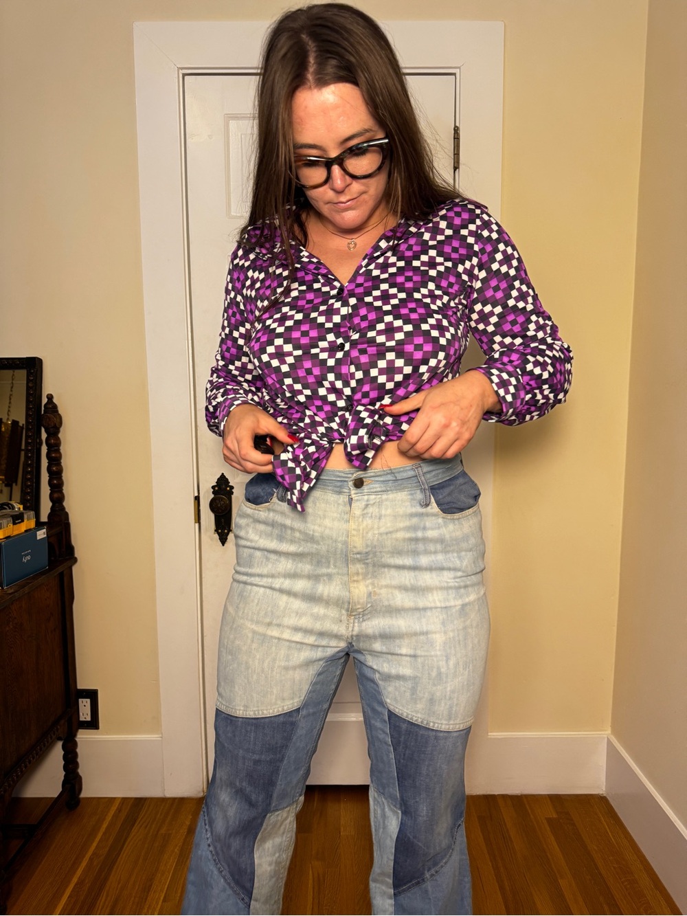 70s Vintage Purple Geometric Abstract Top Sz L-XL
